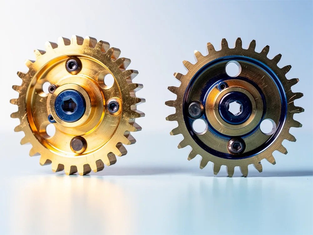 Two machined brass and cobalt gears held a precise gap apart