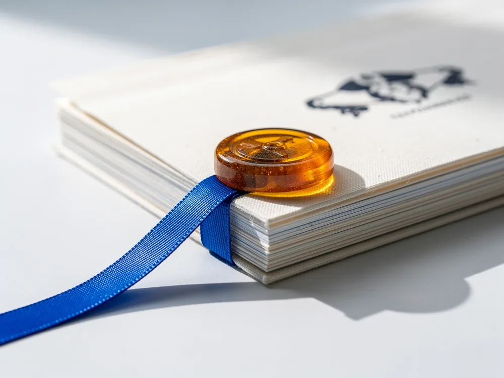 A stack of pale paper held by an amber glass seal with a cobalt ribbon